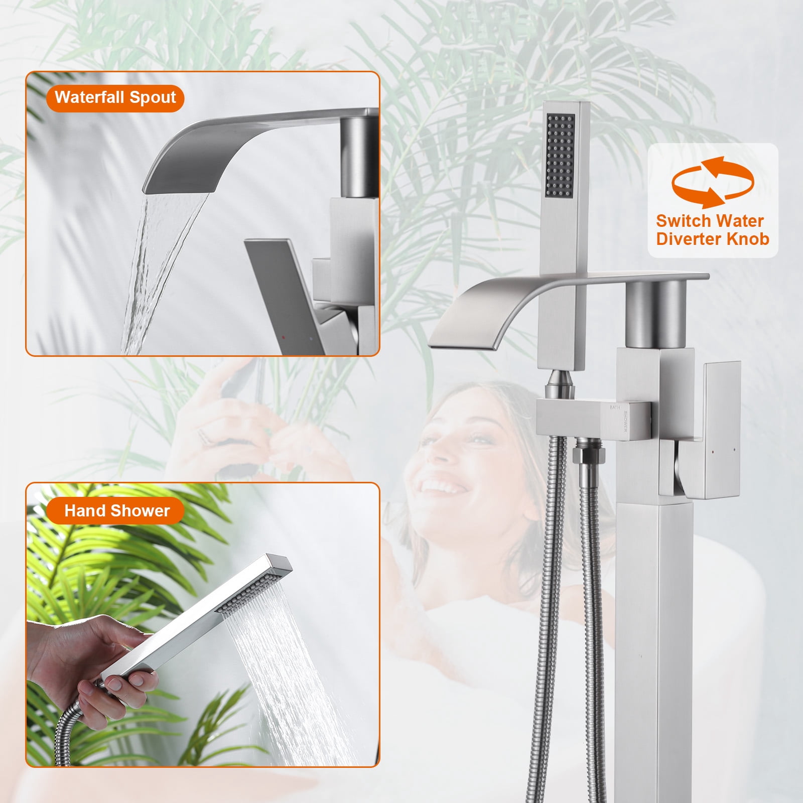 Wowow Brass Waterfall Single-Handle Floor Mount Freestanding Bathtub Faucet with Hand Shower and Supply Line in Brushed Nickel