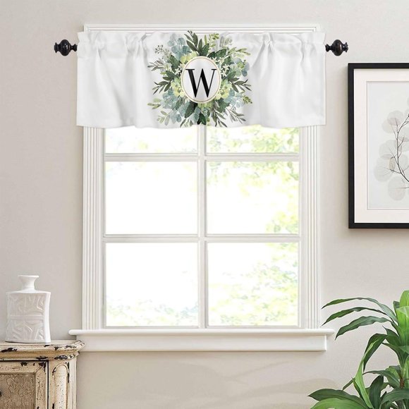Farmhouse W Letters Watercolor Eucalyptus Wreath Rod Pocket Valance | 54" x 18" | Perfect for Kitchen, Bathroom, or Living Room