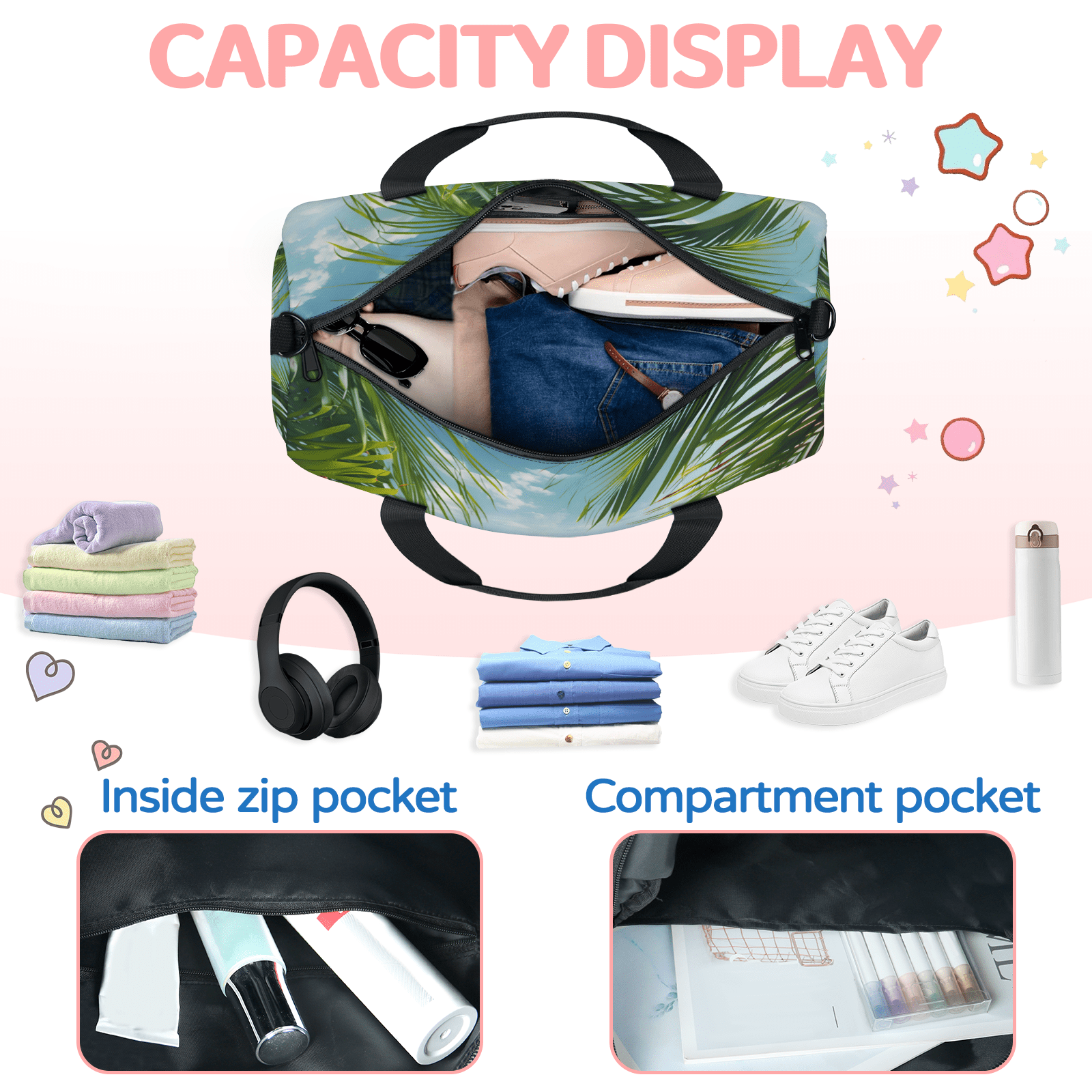 Herdesigns Ocean Beach Seashell Palm Tree Gym Bag for Women, Duffle Bag for Travel Sport, Lightweight Waterproof Carry on Weekender Overnight Dance Yoga Workout Bags