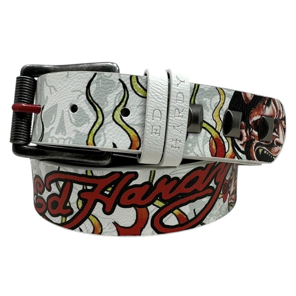 Ed Hardy Men's Devil In Flames White Belt With Metal Studs (32, White)