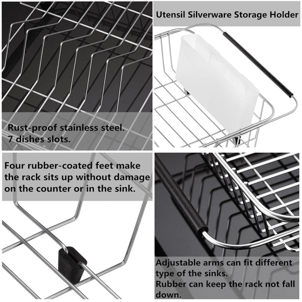 SANNO Expandable Dish Drying Rack, Dish Drainer Over Sink On Counter with Utensil Silverware Storage Holder, Rustproof Stainless Steel