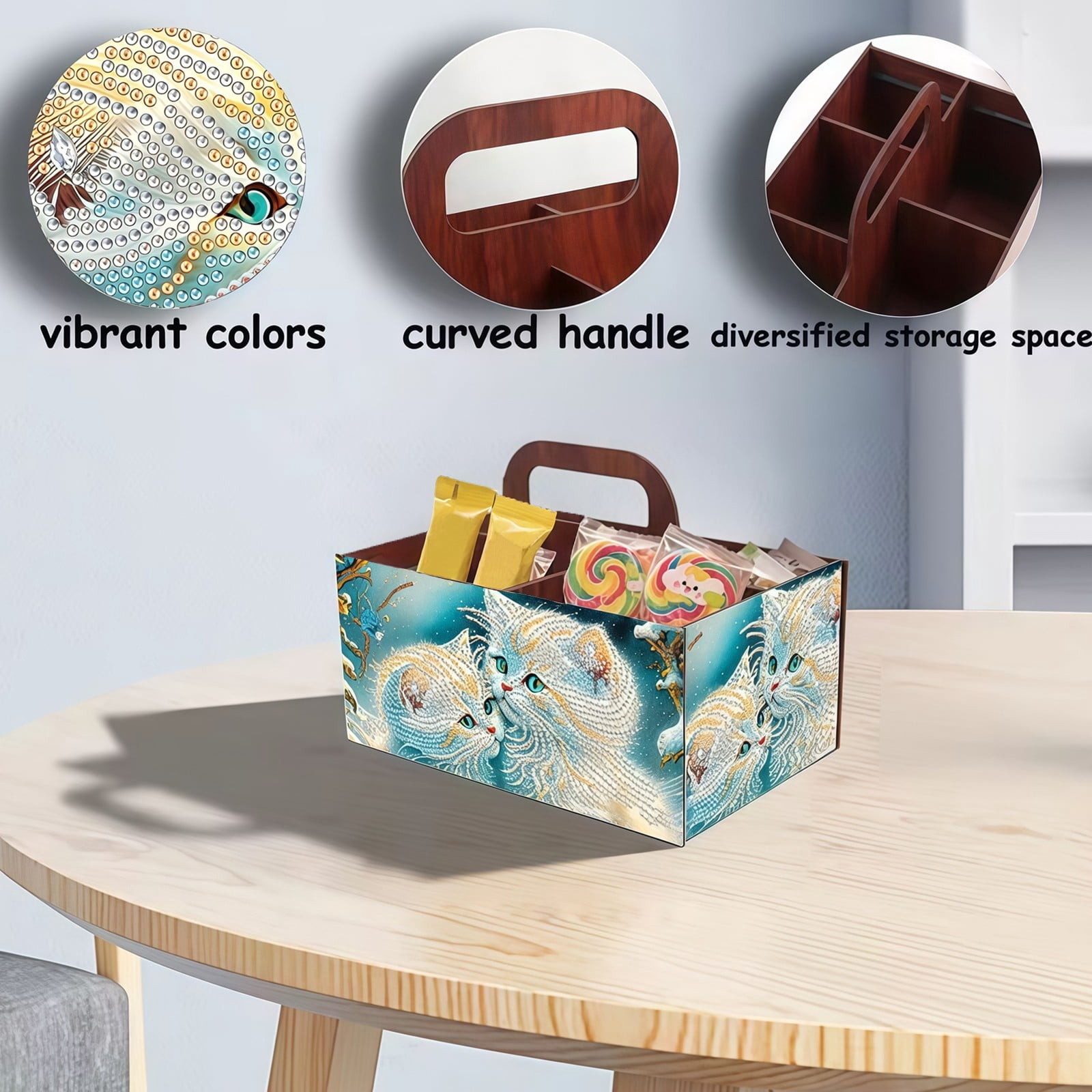 FLOPESN DIY Cat Diamond Art Painting 5 compartments Wooden Storage Box, 9.44*8.14in, Practical Rectangular Assembly Portable Multi-Grid Box