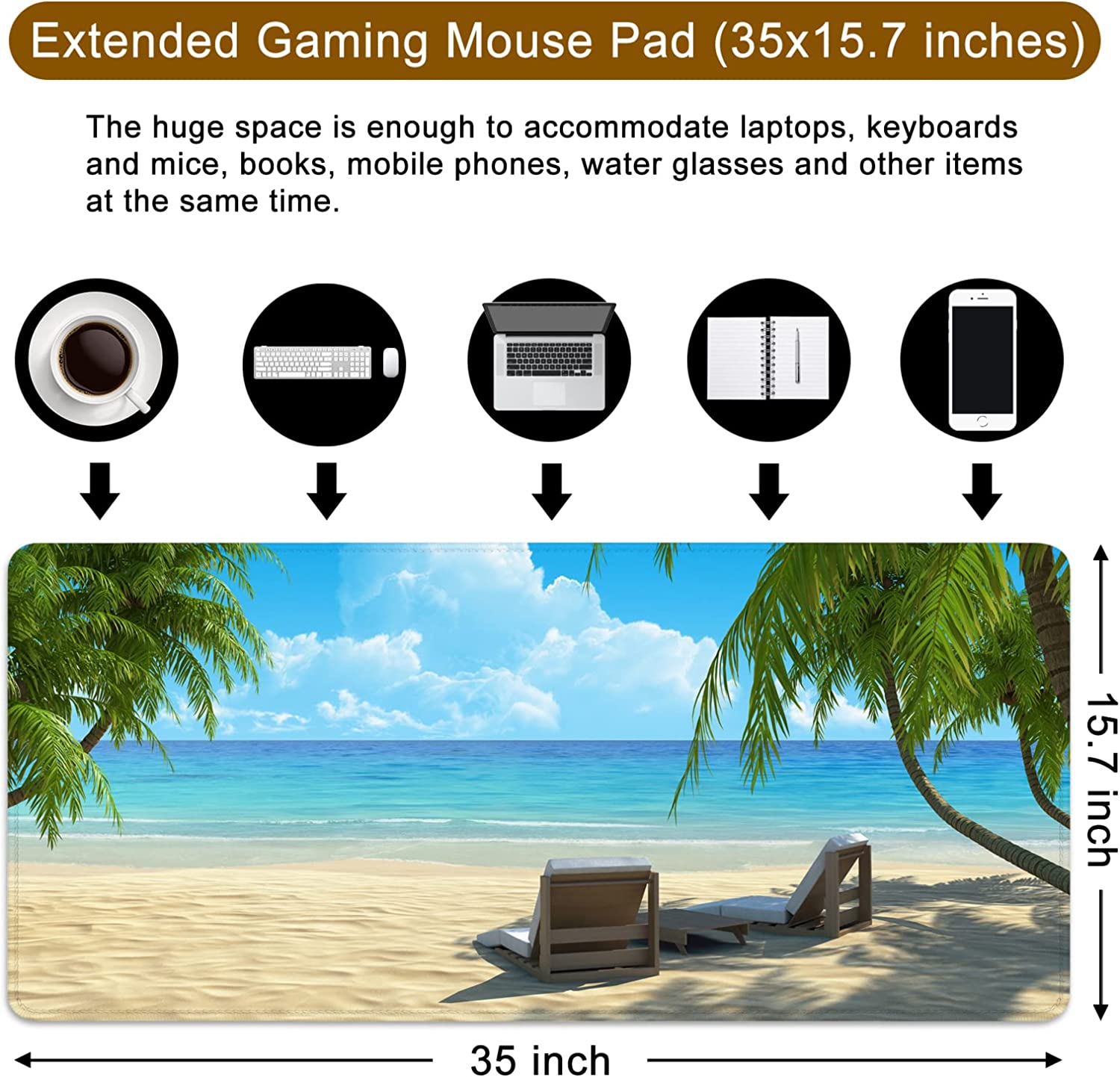 Beach Gaming Mouse Pad XXL Large Mouse Pad 35x15.7x0.12 inch Extra Large Mouse Pad Ocean Theme Blue Mouse Pad (Beach Ocean -2)