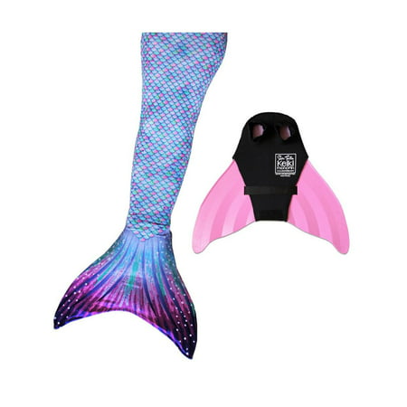 Sun Tail Mermaid Swim Set; Aurora Borealis Mermaid Tail + Pink Monofin for Swimming; size - Child Medium