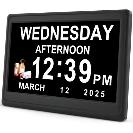 Dementia Digital Clock for Seniors Elderly, 20 Alarm Reminders 3 Ringtones for Memory Loss Alzheimers, Electric Time Date Day Large Display Calendar Clock, Auto DST, 1024 * 600P HD