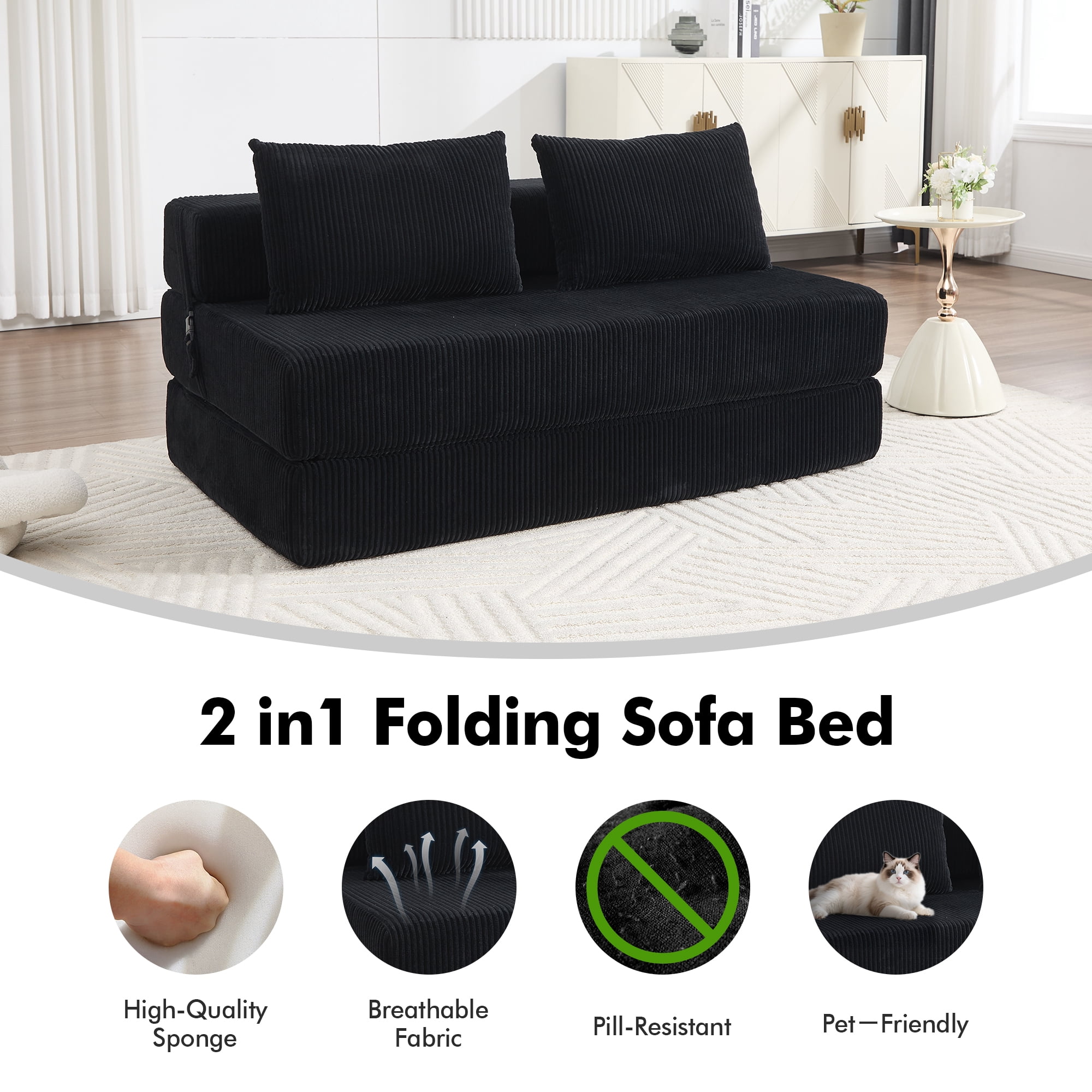 Aukfa Full Size Folding Sofa Bed, Loveseat Sleeper, Corduroy Convertible Floor Couch Mattress for Living Room, Dorm, Guest Room, Black