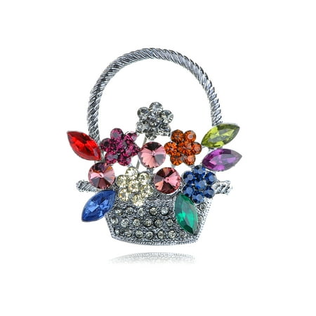 - Elegant Colorful Crystal Rhinestone Silver Tone Spring Flower Basket Pin Brooch