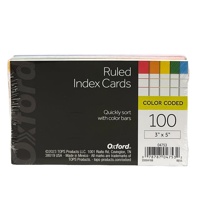 Tarjeta Índice Oxford, Codificación por color, Rayadas, 3"x5", Paquete c/100