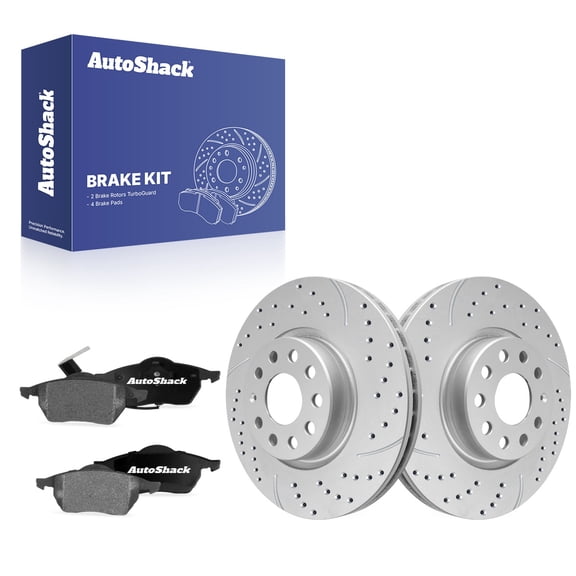 AutoShack Front Vented Drilled & Slotted Coated Brake Rotors Silver Matte Finish   Ceramic Pads 6-PC Brake Kit Replacement for 2005 Volkswagen Jetta TurboGuard 12.28" (312 mm)