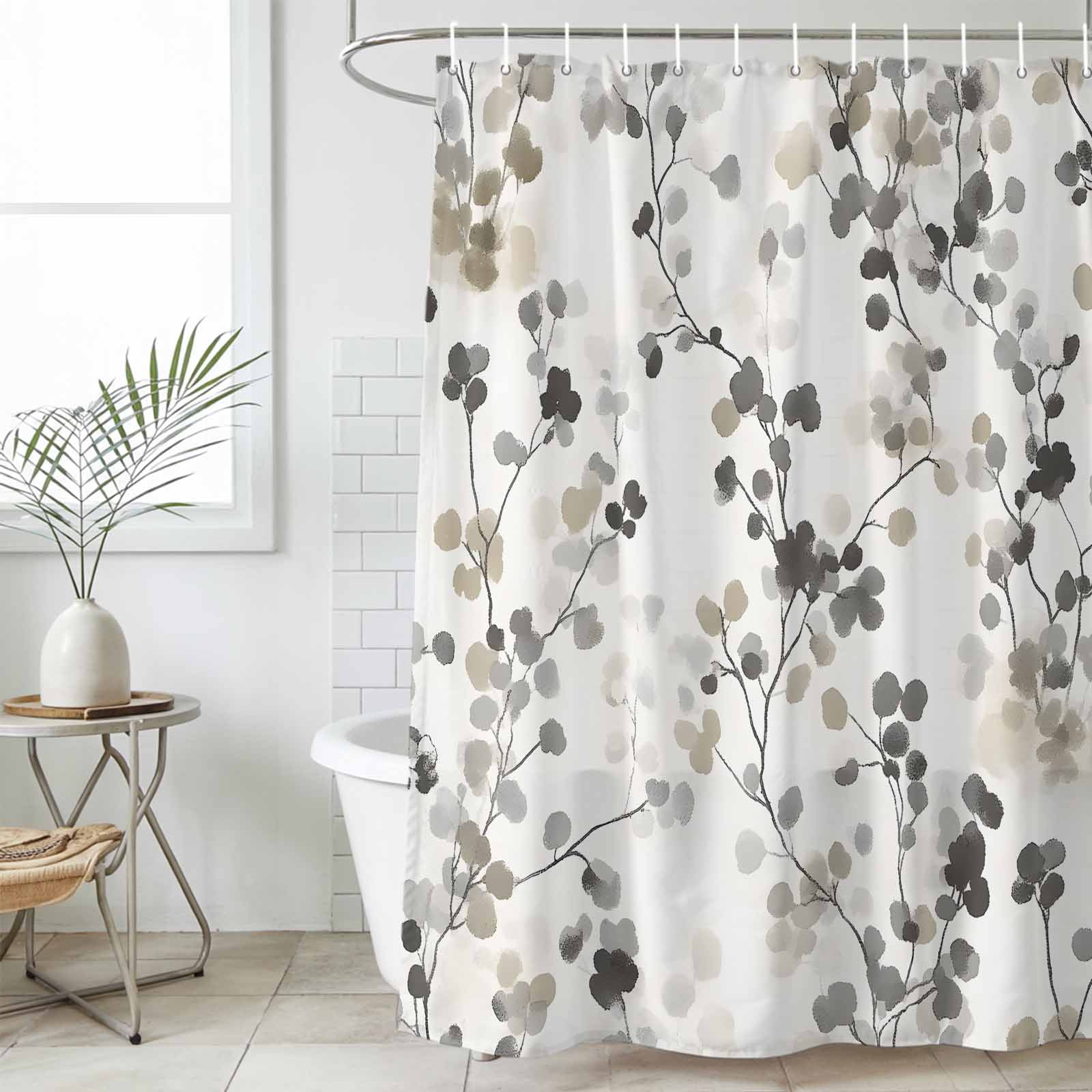 Shower Curtain Bathroom Set Gray Brown Botanical Watercolor Waterproof Fabric Shower Curtains with Grommets&Hooks, Retro Country Floral Leaves Privacy Bath Curtain for Bathtub 72x72in