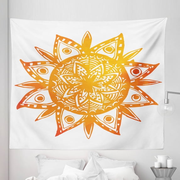 Orange Tapestry, Watercolor Style Hand Drawn Sun Mandala Print, Fabric Wall Hanging Decor for Bedroom Living Room Dorm, 5 Sizes, Orange White, by Ambesonne