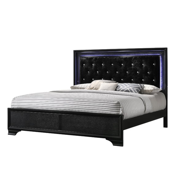 Miekor Furniture Modern Black Finish Upholstered King Size LED Panel Bed Faux Diamond Tufted Bedroom Furniture W5U454