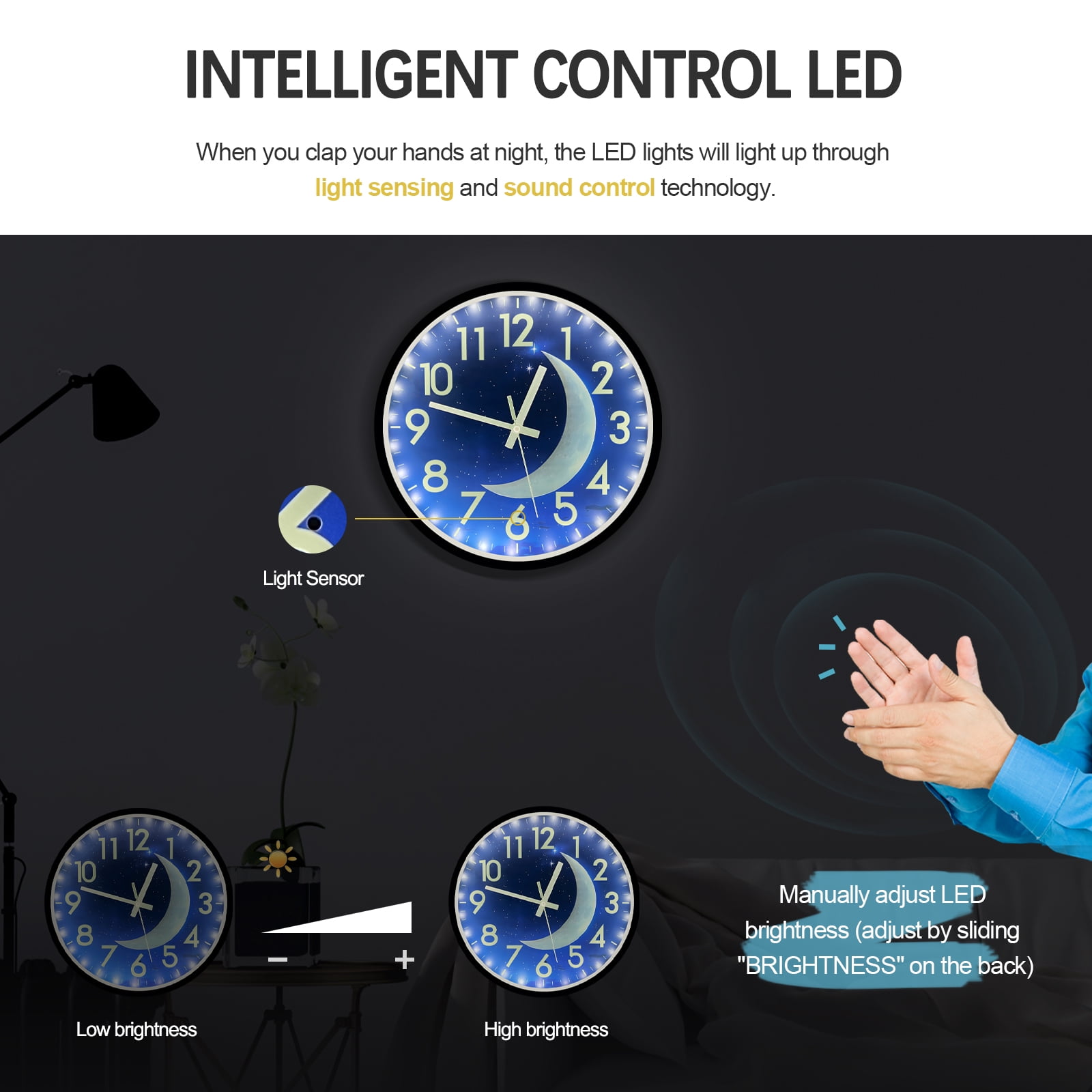 JoFomp LED Wall Clock with Luminous Moon & Starry Sky | Smart Sensor | Glowing Numbers | Home Decor for Bedroom, Office(White Light)