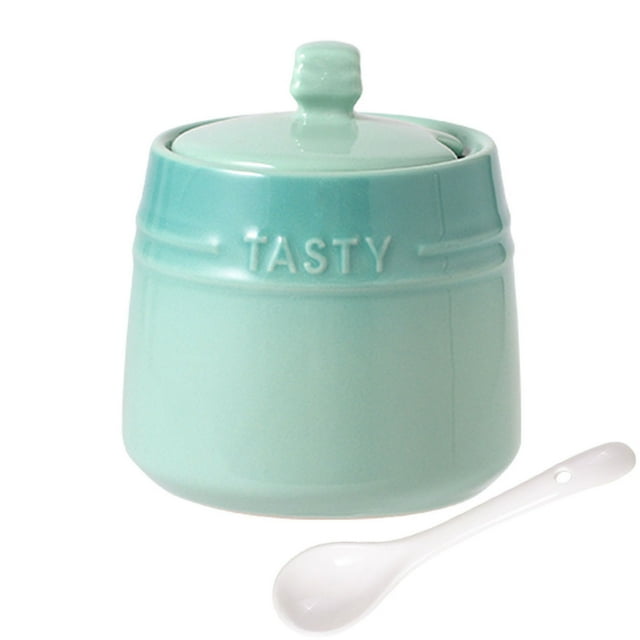 French Gradient Ceramic Sugar Pot With Lid, Solid Sugar Bowl With Spoon, Porcelain Spice Jar, Kitchen Decoration Storage-Green