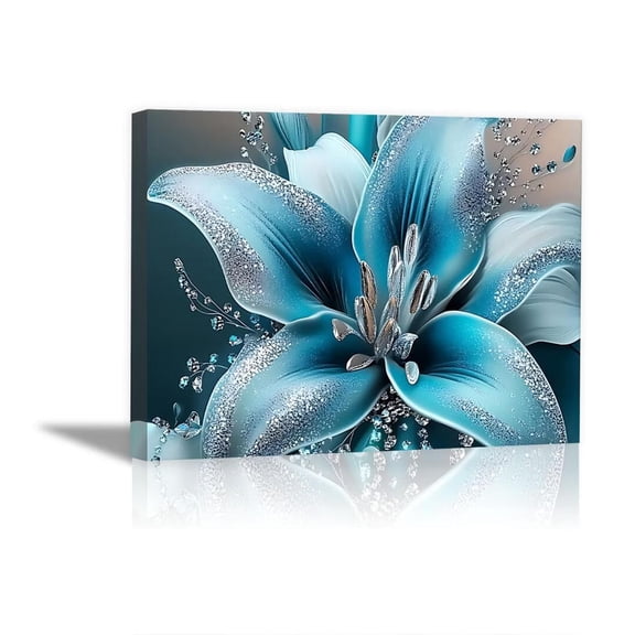 Mudket Framed Canvas Wall Art, Sparkling Teal Blue Lily with Crystal Accents Wall Decor, Glam Luxury Floral Waterproof Art Prints for Bedroom Bathroom Dressing Room Home Decor - 12"L x 8"W