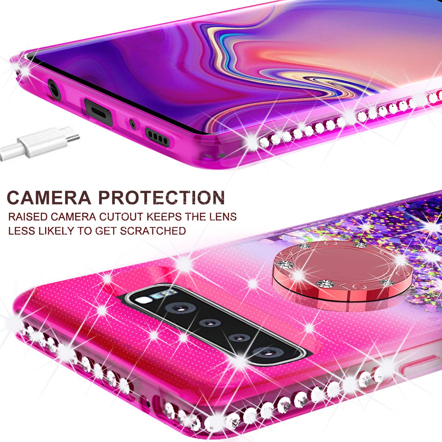 For Samsung Galaxy S10 Case,Ring Stand Glitter Liquid Quicksand Waterfall Floating Sparkle Shiny Bling Diamond Girls Cute Shock Proof Phone Case Cover for Galaxy S10 - Hot Pink/Blue - image 4 of 5