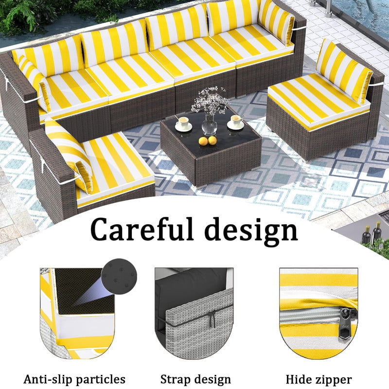 14 Pieces Outdoor sectional cushions replacement set, 4in thick patio furniture cushions, Waterproof Outdoor Couch Cushion,deep seat patio cushions For 6 Seat（Bright yellow white）