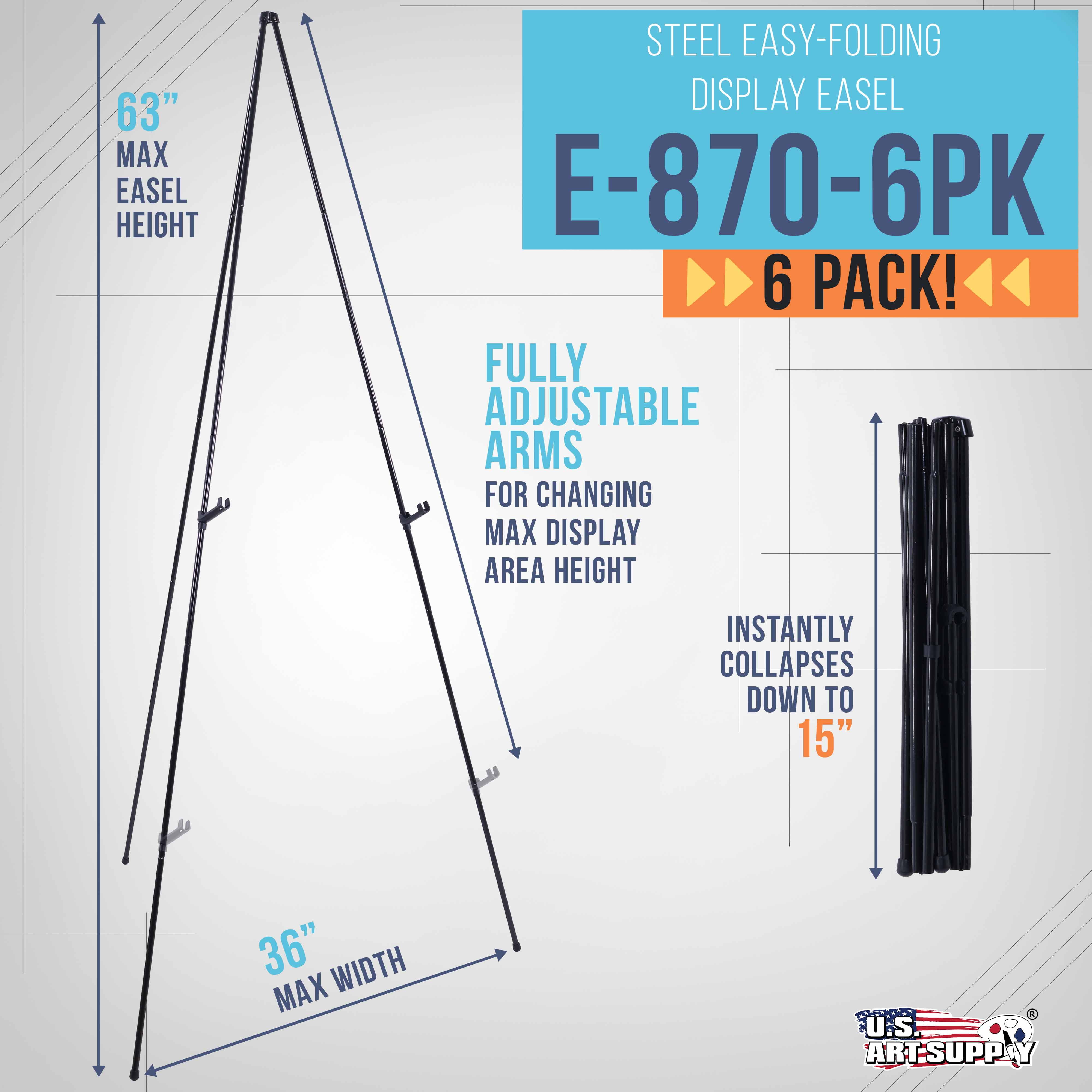 U.S. Art Supply 63" High Steel Easy Folding Display Easel (6 Pack), Instantly Collapses, Adjustable Holders, Portable