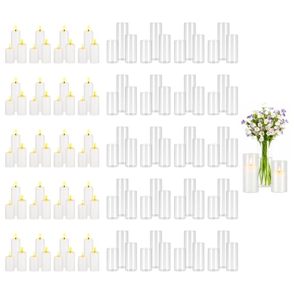 VEVOR Pillar Candles and Glass Vases Set 120 Pcs, Clear Cylinder Hurricane Candle Holders for Wedding Centerpieces,Tall Vase for Table Decor, Wedding Party,Thanksgiving,White (2.56" x 4.7",5.9",7.9")