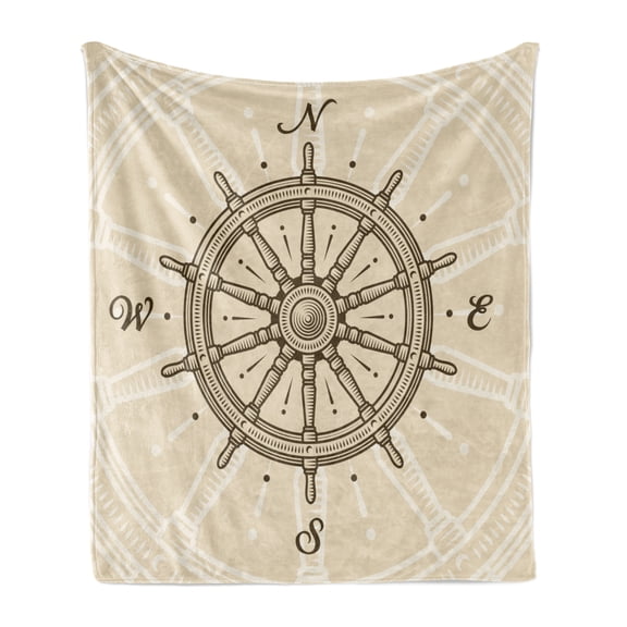 Ships Wheel Soft Flannel Fleece Blanket, Retro Ship Wheel Antique Sailboat Navigation Tool Monochromic Nostalgic Print, Cozy Plush for Indoor and Outdoor Use, 70" x 90", Beige Brown, by Ambesonne