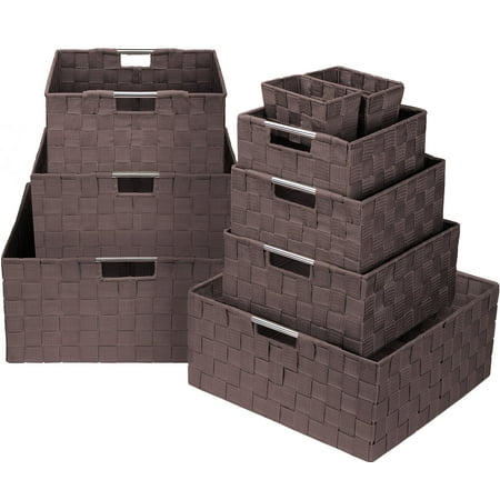Sorbus Storage Box Woven Basket Bin Container Tote Cube Organizer Set Stackable Storage Basket Woven Strap Shelf Organizer Built-in Carry Handles (Woven Basket Set - 9 Piece, Chocolate)