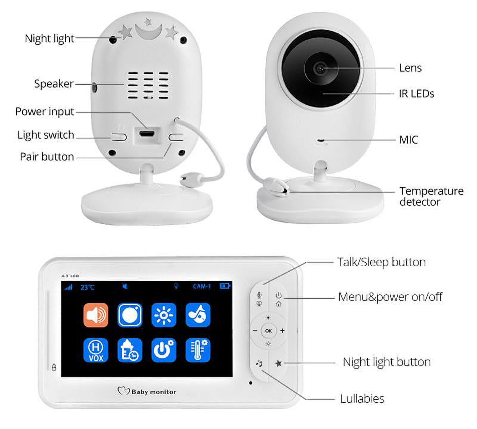 Gtekpros MB98 Baby Audio-Video Monitor 4.3"  Lullabies Pan-Tilt 2-Way Audio Temperature Monitoring   Night Vision Camera