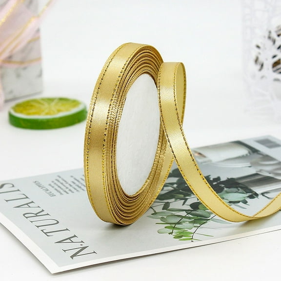 Pink Satin Ribbon with Gold Edge, 3/8” Polyester Continuous Ribbon -25 Yards,Wide Ribbon for Gift Wrapping,Wedding,Bows Bouquet,Floral Arrangement and Craft