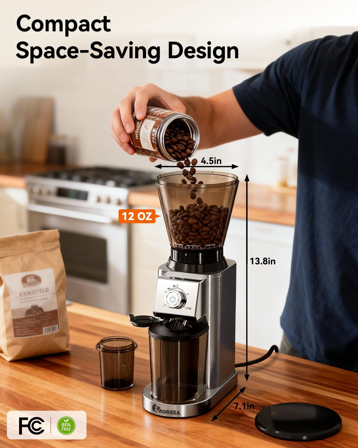 IAGREEA Conical Burr Coffee Grinder, 48 Grind Settings, Time‑Precise, Anti-Static Stainless Steel with Portafilter Holder for Espresso, Cold Brew