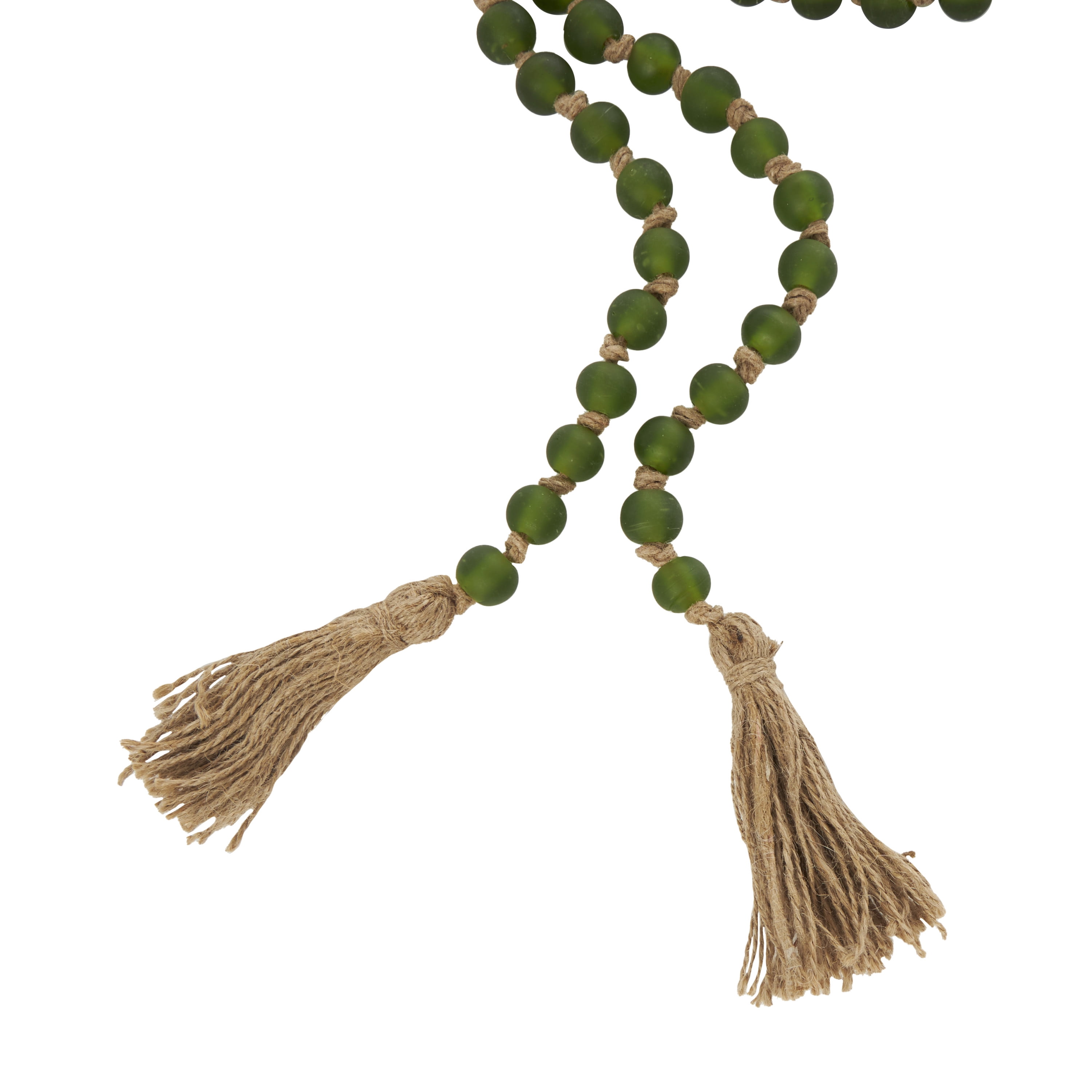 DecMode Handmade Round Long Frosted Beaded Green Glass Garland with Tassel with Knotted Brown Jute