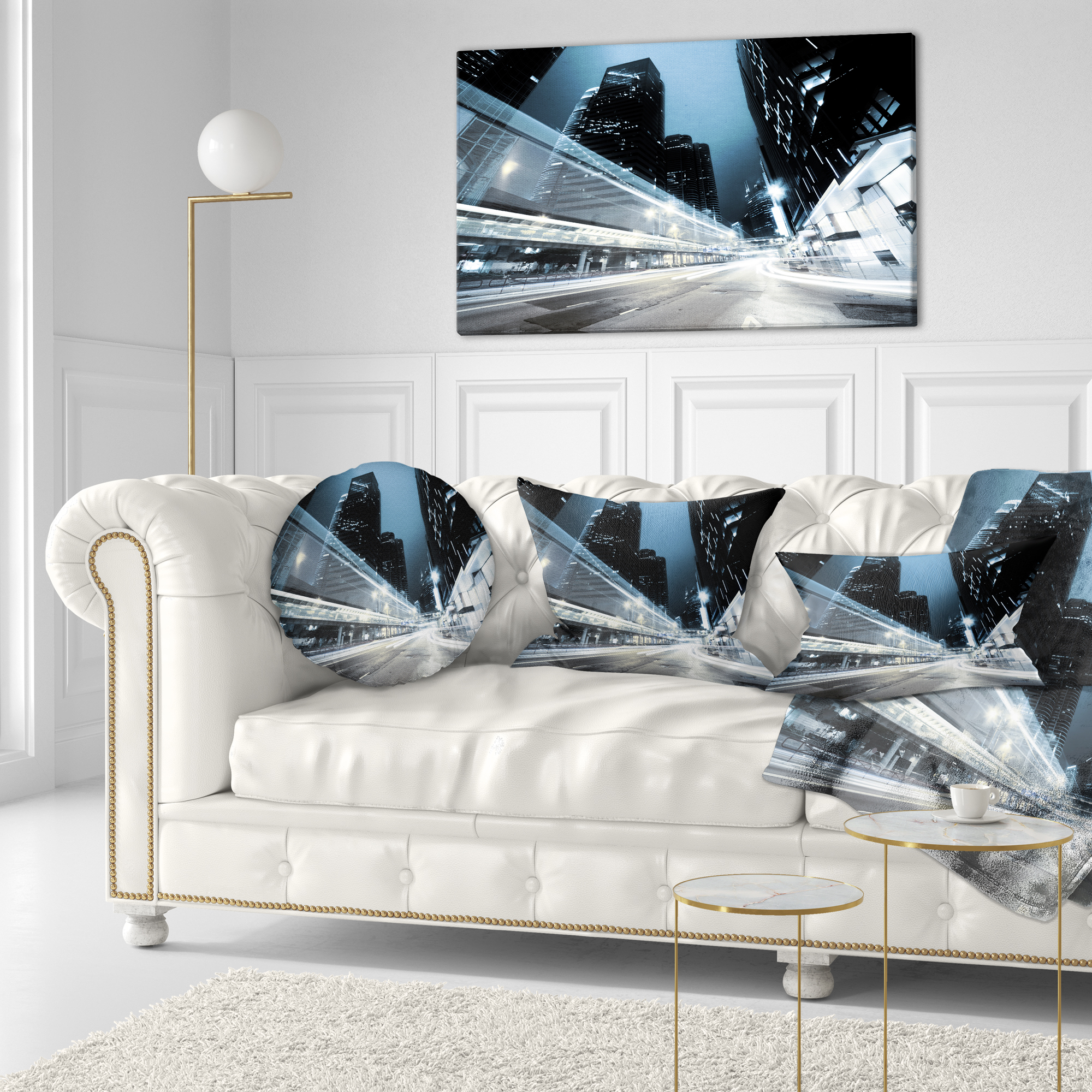 Designart Night Traffic in Hong Kong - Cityscape Throw Pillow - 12x20