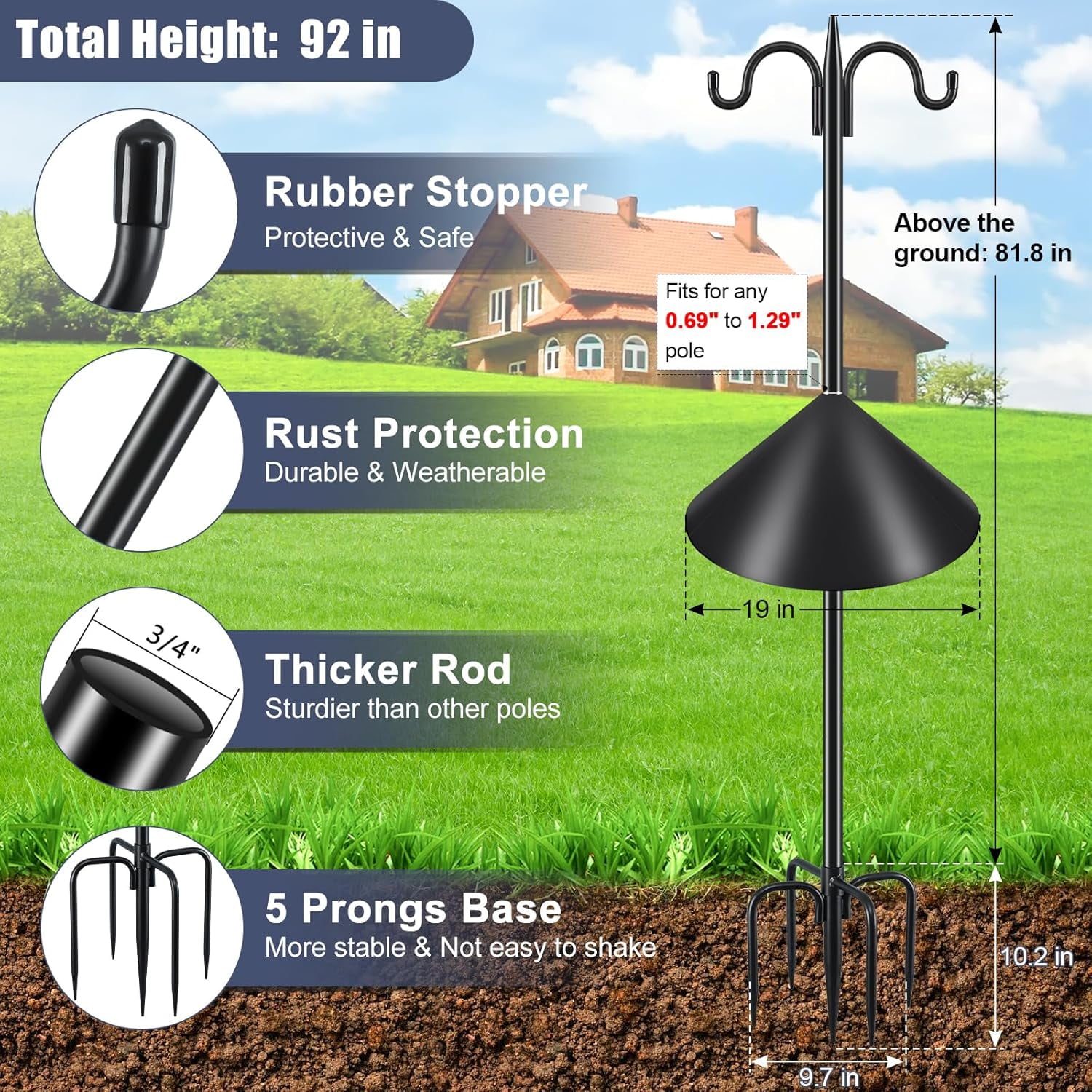 Double Shepherds Hook for Outdoor, 2 Pack 63 Inch Heavy Duty Bird Feeder Pole 5/8 Inch Thick Garden Hooks for Hanging Hummingbird Feeder, Plant Baskets, Solar Light Lanterns
