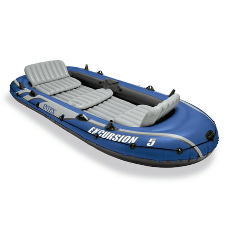 Intex Excursion 5 Person Inflatable Fishing Boat Set with 2 Oars, Air Pump &