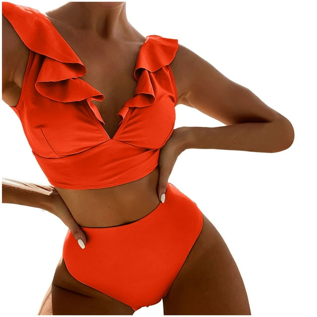 TSADFHJI Women Plus Size Maternity Swimsuits New Multicolor Ruffled V Neck Split Swimsuit High Waist Split Bikini Women's M Orange