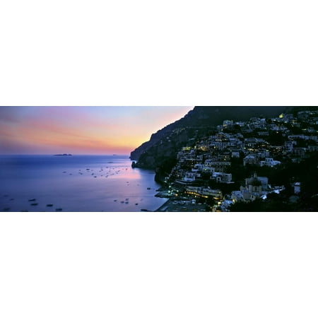 Buildings Lit Up at Night, Positano, Amalfi, Amalfi Coast, Campania, Italy Print Wall