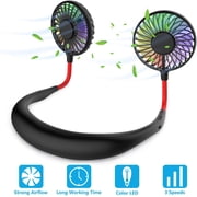 LIGHTSMAX Hands Free Portable Neck Fan - Rechargeable Mini USB Personal Fan Battery Operated with 3 Level Air Flow, 7 LED Lights for Home Office Travel Indoor Outdoor (Black)