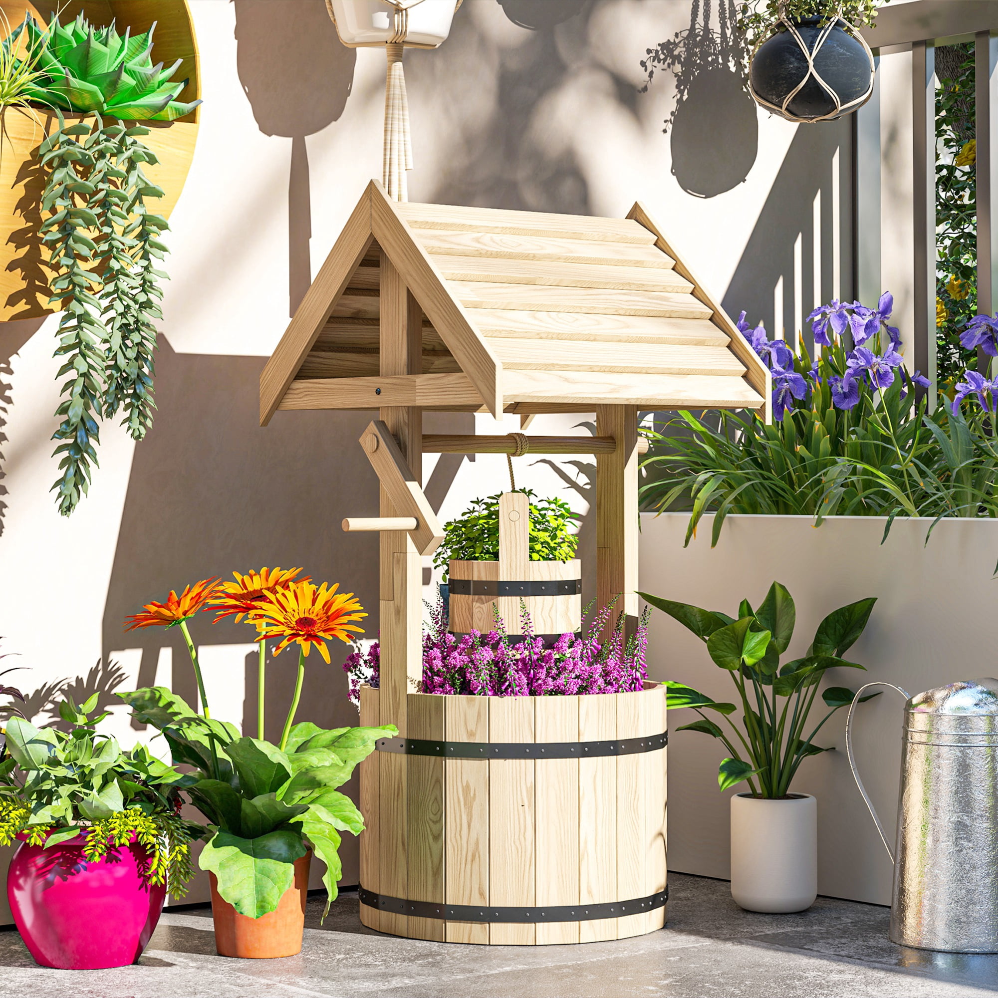Outsunny Wishing Well for Outside, Wood Wishing Well Planter with Hanging Bucket, Decorative Planter with Drain Hole for Garden Patio, Natural