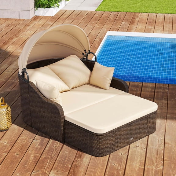 Costway Patio PE Rattan Daybed with Retractable Canopy Soft Cushions and Extra Pillows