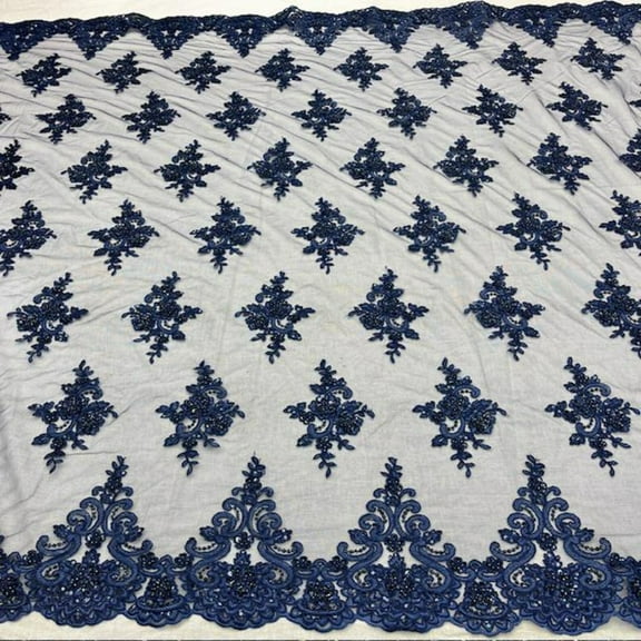 Beaded Embroidered Lace Fabric VT-31 – 55 Inches Wide – by the Yard – Wedding, Bridal Gown, Veil & Formal Dress Fabric – Valentina Textiles Inc. ( 1 Yard, Navy Blue )