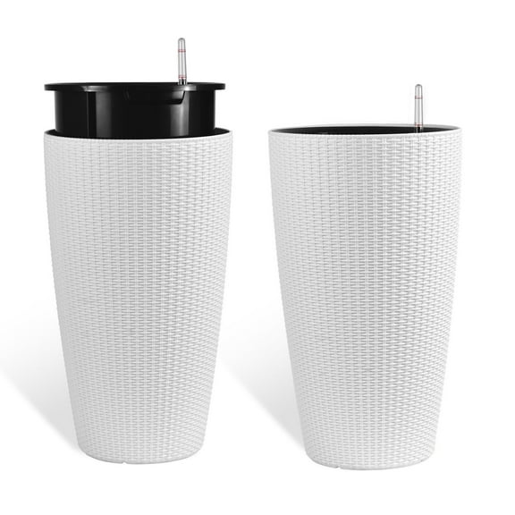 S-HOME Rounded Planter 22" High in Faux Rattan Design 2-Pack with Automatic Watering System for Indoor or Outdoor Use