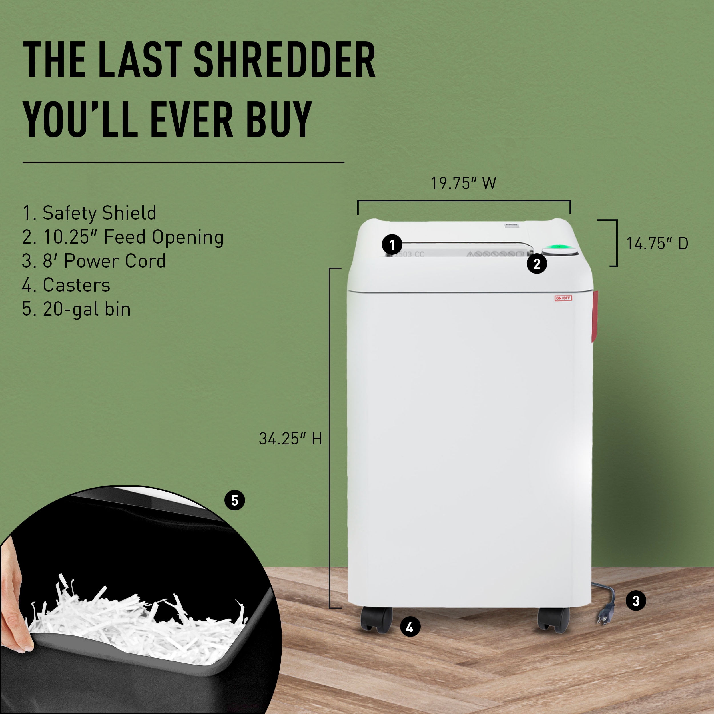 IDEAL 2503 Strip-Cut Commercial Office Paper Shredder, Made in Germany, Continuous Operation, 19 to 21 Sheet Feed Capacity, 20-Gallon Bin, Shreds Staples/PaperClips/Credit Cards/CD/DVDs, P-2 Security