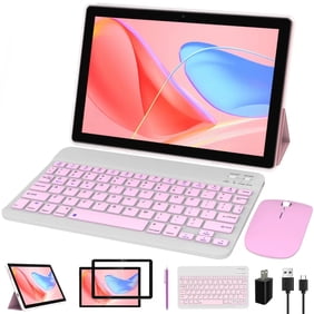 Tablet 10.1 Inch Android OS, 2 in 1 Tablets with Keyboard, Mouse, Case, Stylus, 64GB ROM 4GB RAM, 8MP Dual Camera, Quad Core Processor, 6000mAh Battery, 1280 * 800 FHD, (Pink/Girl)