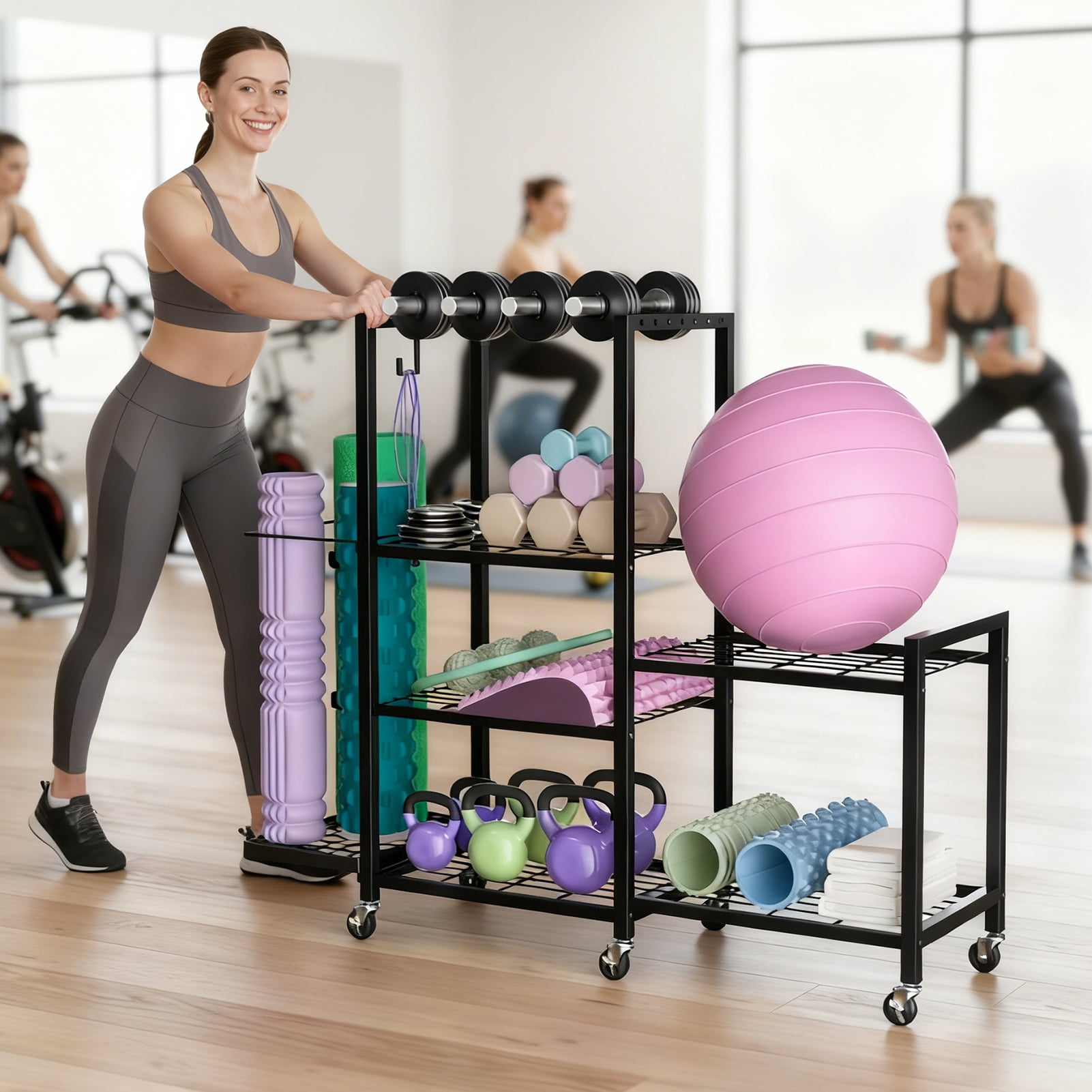 Demete Freestanding Gym Storage Rack Metal Organizer for Yoga Mats Dumbbells Fitness Accessories