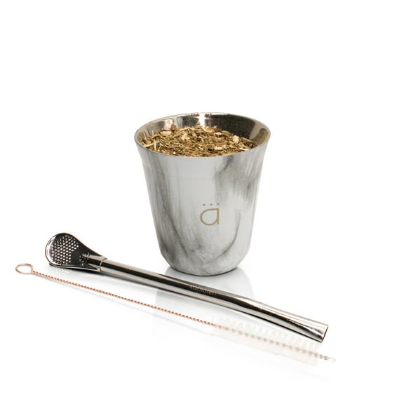 Kalmateh Modern Petite Yerba Mate Gourd - Double Walled 18/8 Stainless Steel- Includes Bombilla and a Cleaning Brush-5oz (Marble)