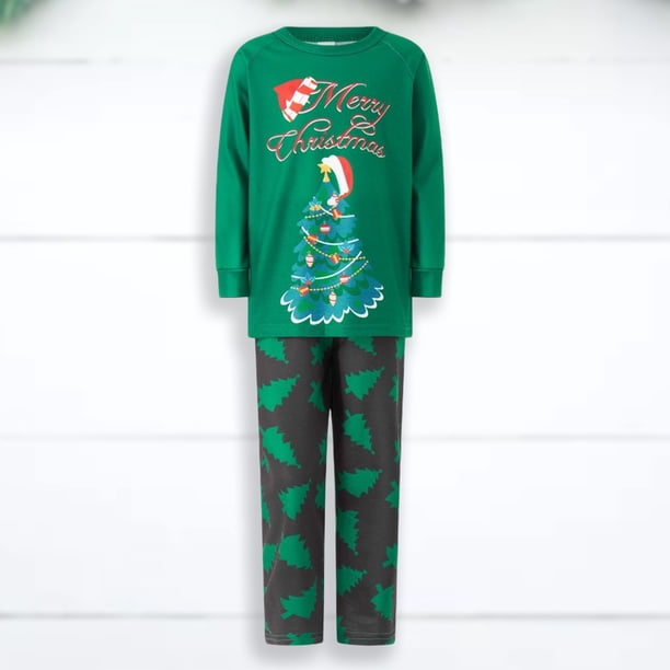 Traje de diario casual con patrón de árbol de Navidad de cuello redondo familiar Traje de pantalón largo verde FLhrweasw Para estrenar