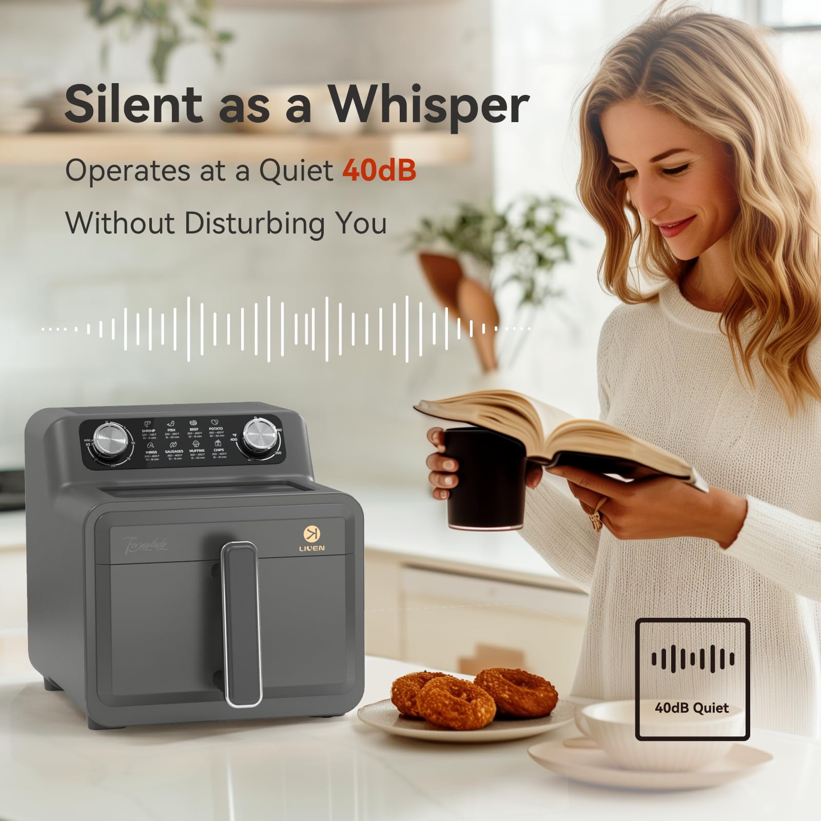 LIVEN Large Air Fryer 7 QT, Airfryer Family Size with 8 Preset Cooking, Viewing Window, Easy Clean, Low-noise for Quick Easy Meals French Fries Drumsticks Steak Bacon Fish Shrimp Cake, Grey