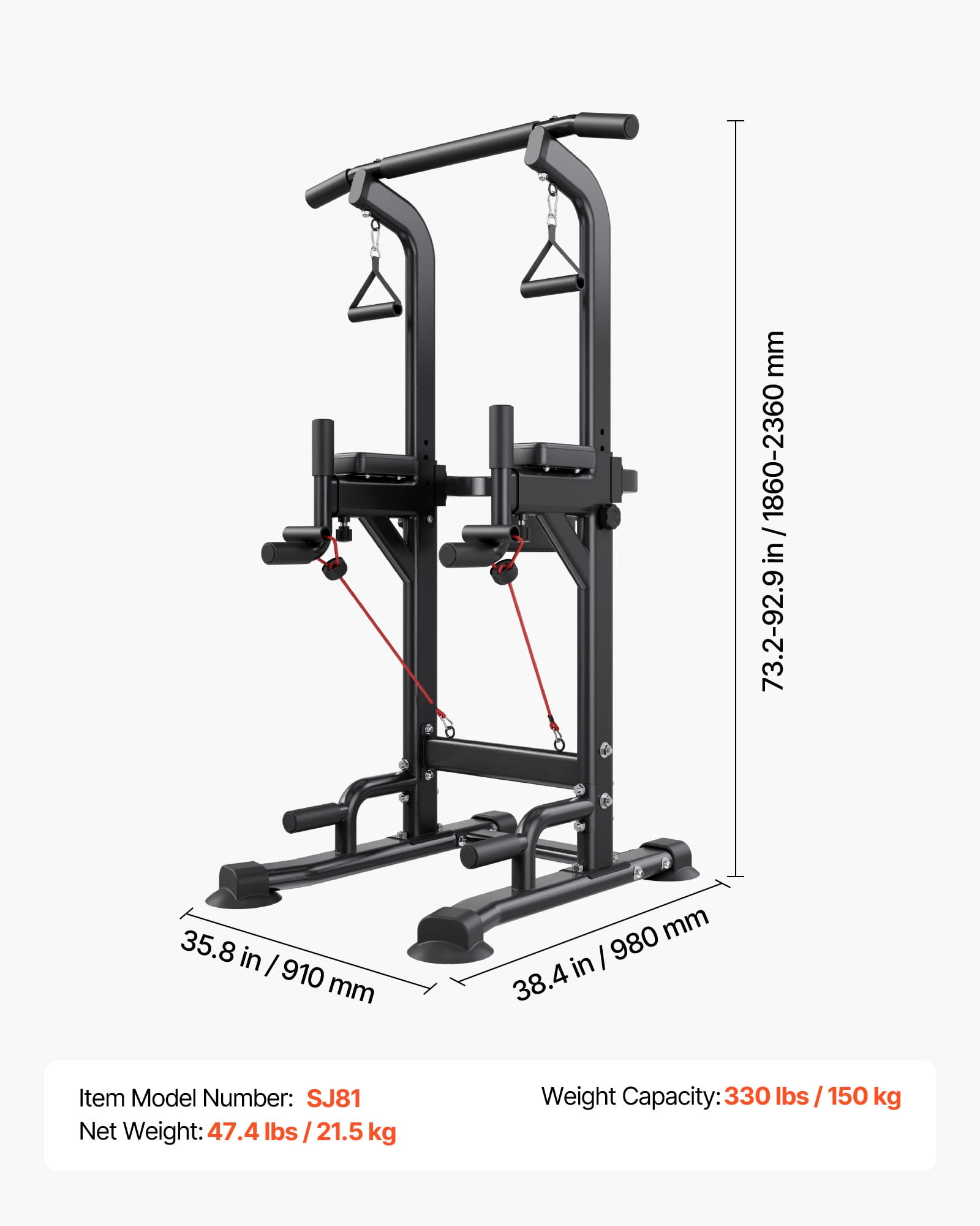 VEVOR Pull Up Bar, 330 LBS Power Tower Dip Station, Workout Dip Station with H-Shaped Stable Base & Back Pad,Adjustable 12 Level Height Free Standing Chin Up Bar for Back, 4-Level Adjustable Back Pad