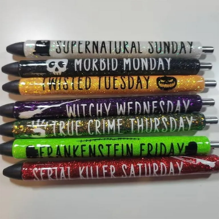 ZTTD 7PCS Funny Pens Halloween Weekday Glitter Pen Set True Crim Witchy  Office Decor Halloween Pens Supernatura L Frankensteine Days Of The Week  Pens