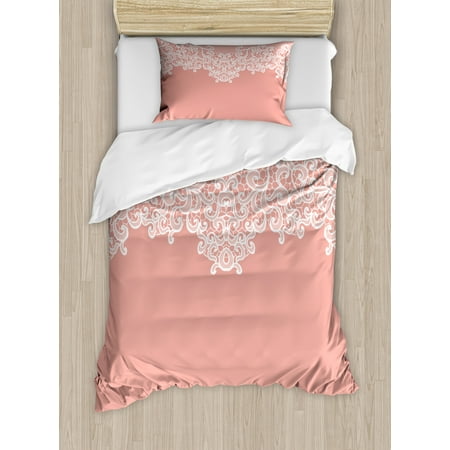 Coral Bedding Set Peach Duvet Cover Set, Abstract Lace Design Wedding Engagement Inspiration Floral Arrangement Pale Backdrop, Decorative Bedding Set with Pillow Shams, Coral White, by Ambesonne ()