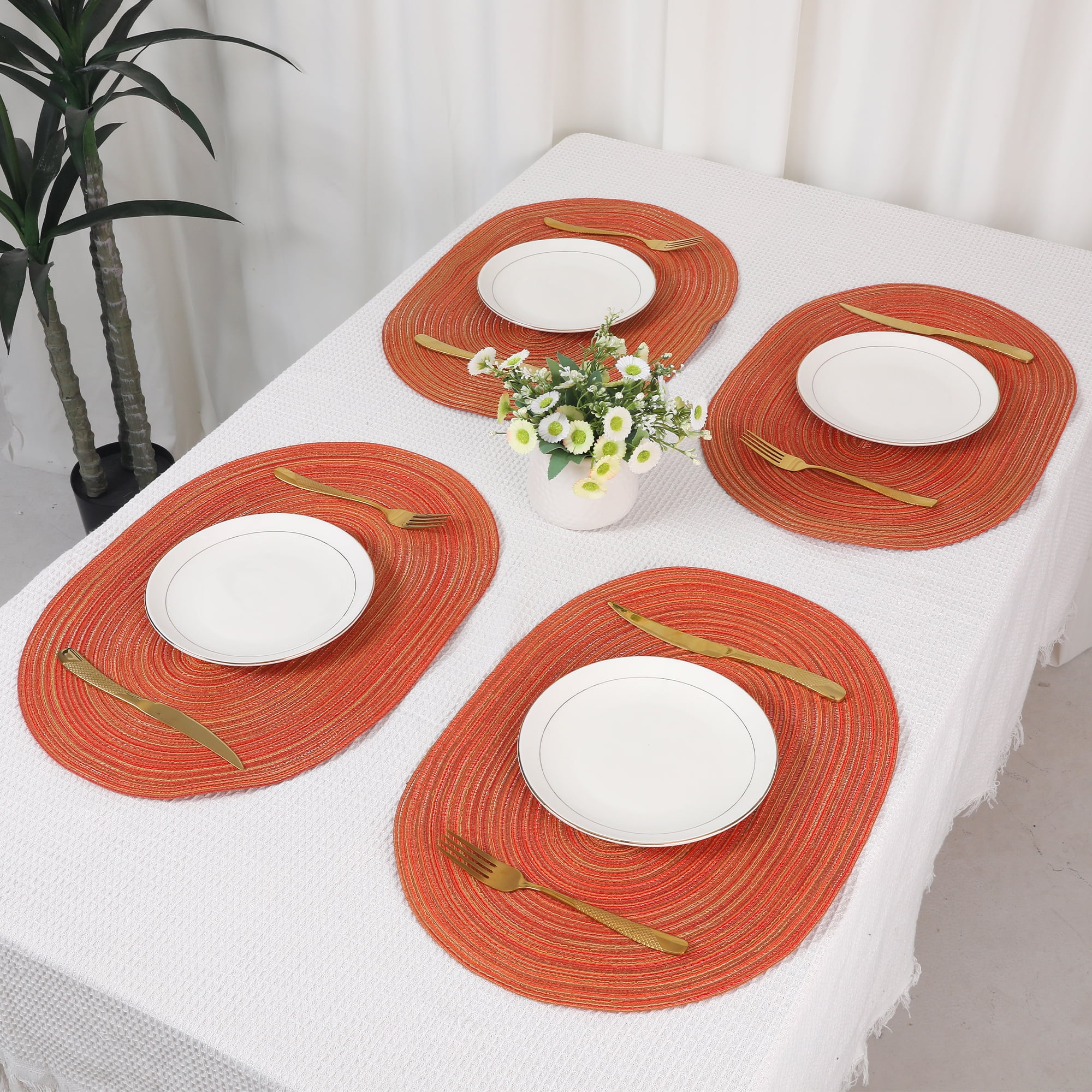 Unique Bargains Farmhouse Placemats Oval Placemats for Dining Table 6pk Orange 19.7x14Inch