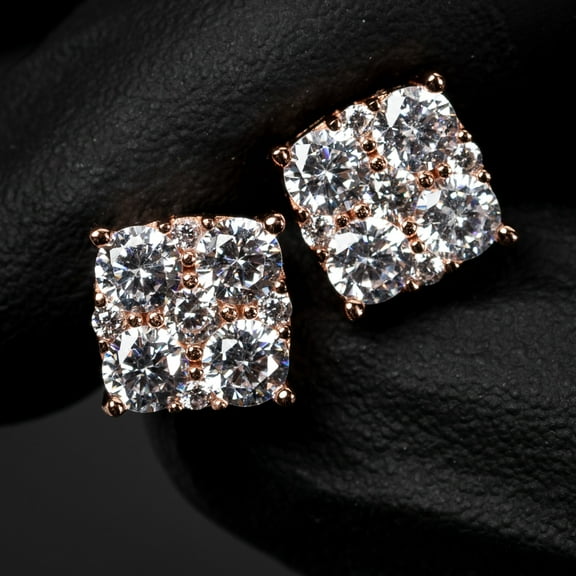 Flower Set Square Shape Hip Hop Iced Cluster Earrings for Men Women Pink Rose Gold 925 Sterling Silver Stud Earrings 5A CZ Stone 3D Honey Comb Unisex Earrings